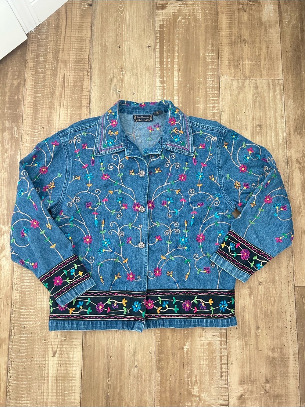 Vintage New Directions Embroidered Blue Denim Jacket with Floral Trim - Medium